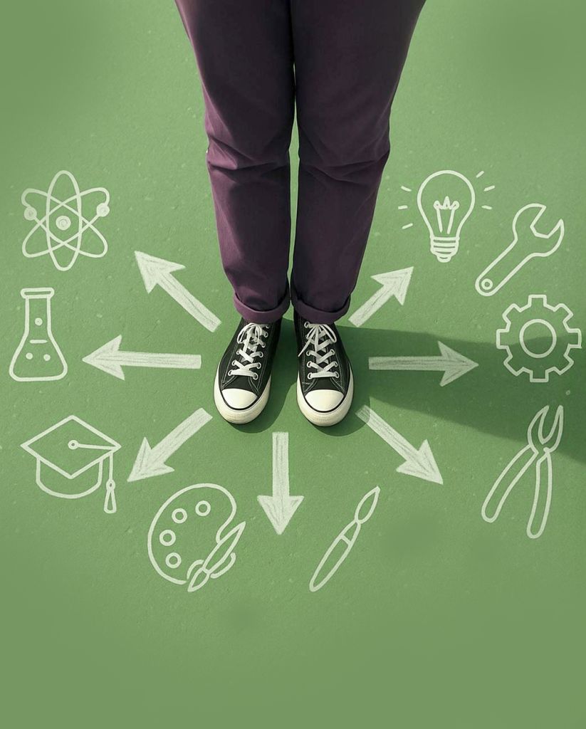 jambe d'un adolescent au milleux de flèche pour indiquer quel chemin de carrière suivre grace au profil Nova à genève