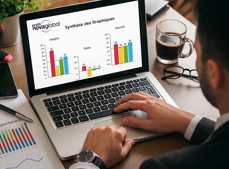 homme sur un ordinateur en train de regarder le résultat de son test psychométrique Nova Global à genève