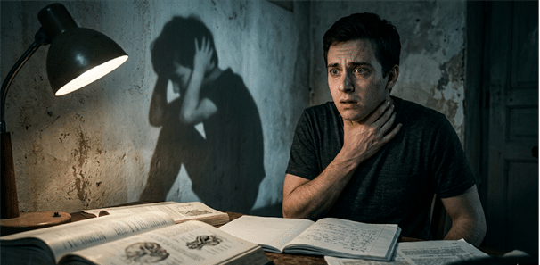 jeune homme qui se tient la gorge, il se sent oppressé par une croyance limitante son ombre est représenté par un enfant traumatisé