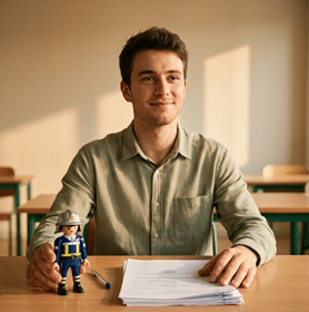 homme assit à un bureau d'écolier le sourire au lèvre car il est libéré de ses blocages émotionnels liés à son enfance