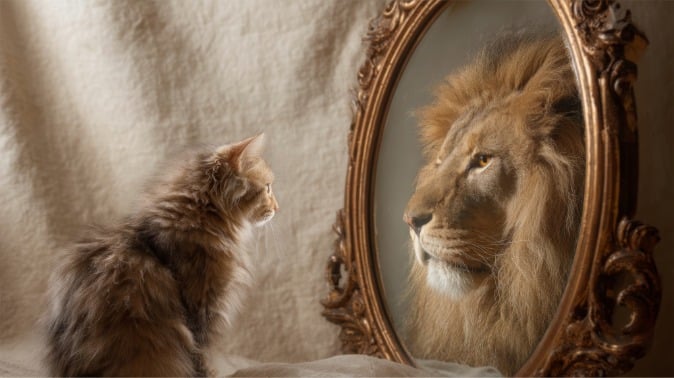 le reflet du chat dans le miroir est un lion