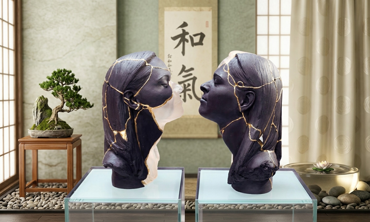 deux tête féminine face à face avec des blessures réparées comme un kintsugi